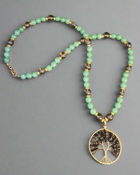 Obsidian Tree of Life Pendant on Green Aventurine and Smokey Quartz Necklace