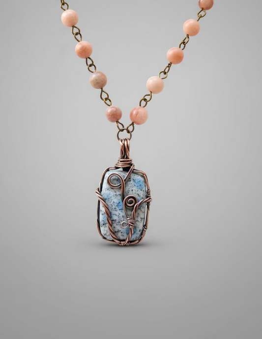Blue Spot Jasper on Sunstone Antiqued Copper Wire Necklace