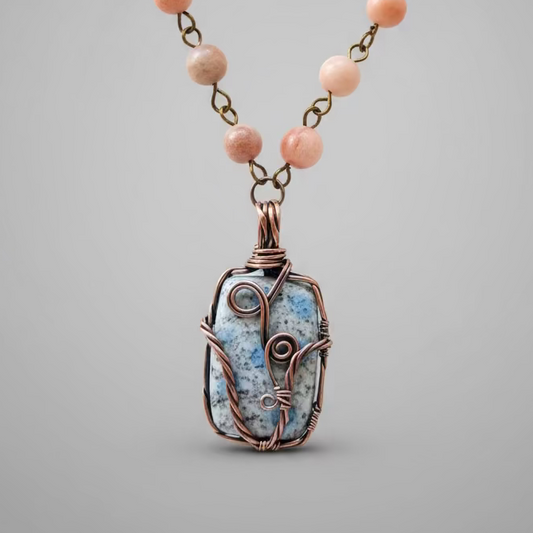 Blue Spot Jasper on Sunstone Antiqued Copper Wire Necklace
