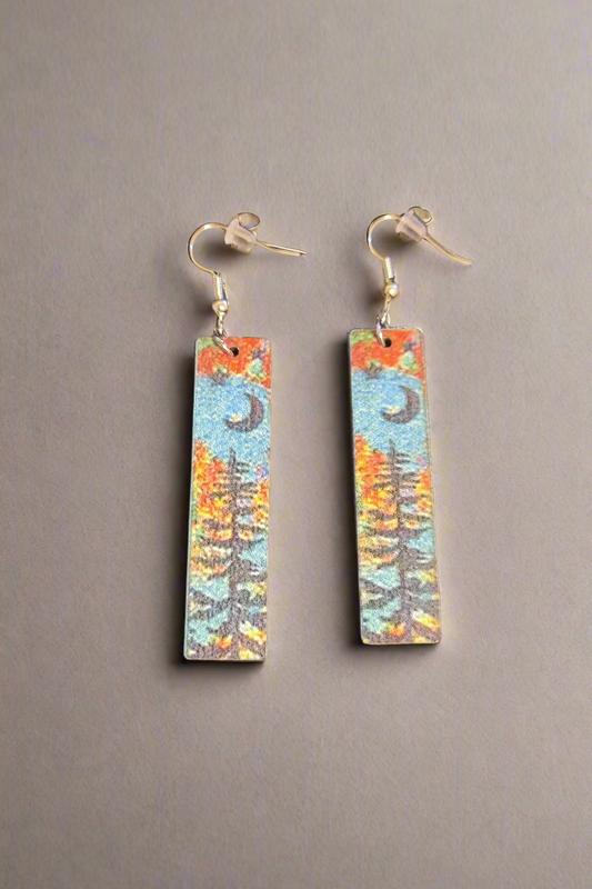 Blue & Orange Wood Rectangle Forest Design Earrings