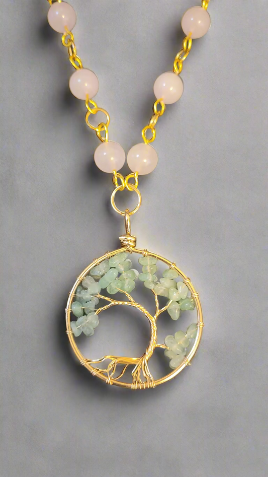 Green Aventurine Tree of Life Pendant on Rose Quartz Link Necklace