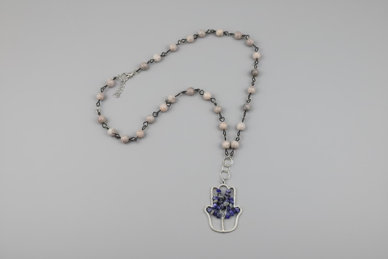 Lapis Lazuli Tree of Life Hamsa Pendant on Grey Silk Jasper Chain