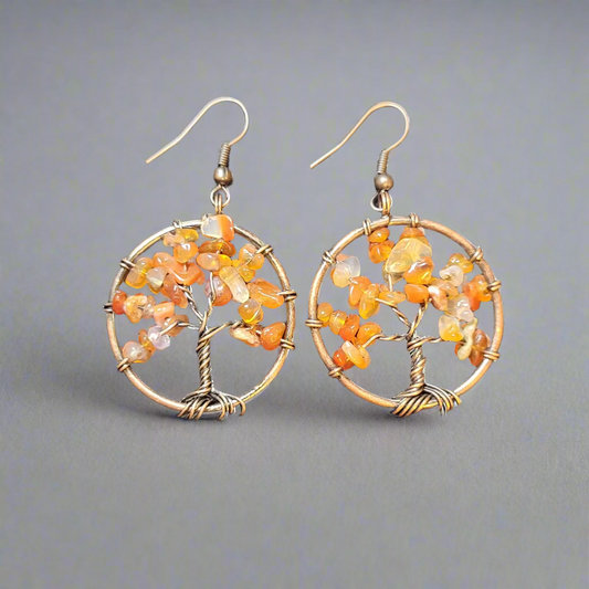 Red Aventurine Copper Wire Wrap Tree Earrings