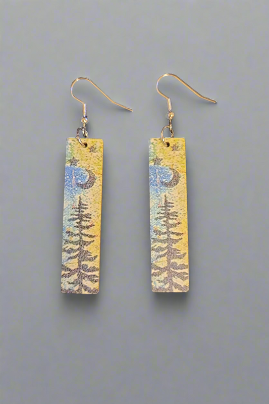Blue & Green Wood Rectangle Forest Design Earrings