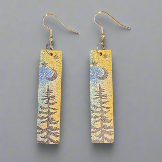 Blue & Green Wood Rectangle Forest Design Earrings