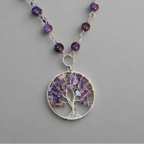 Amethyst Wire Wrap Tree of Life Pendant on Amethyst Link Chain Necklace