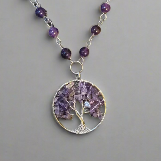 Amethyst Wire Wrap Tree of Life Pendant on Amethyst Link Chain Necklace