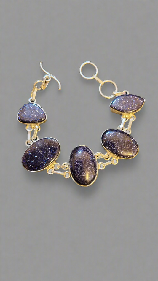 Blue Sandstone Ovals in Sterling Silver Double Link Bracelet