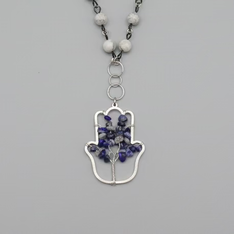 Lapis Lazuli Tree of Life Hamsa Pendant on Grey Silk Jasper Chain