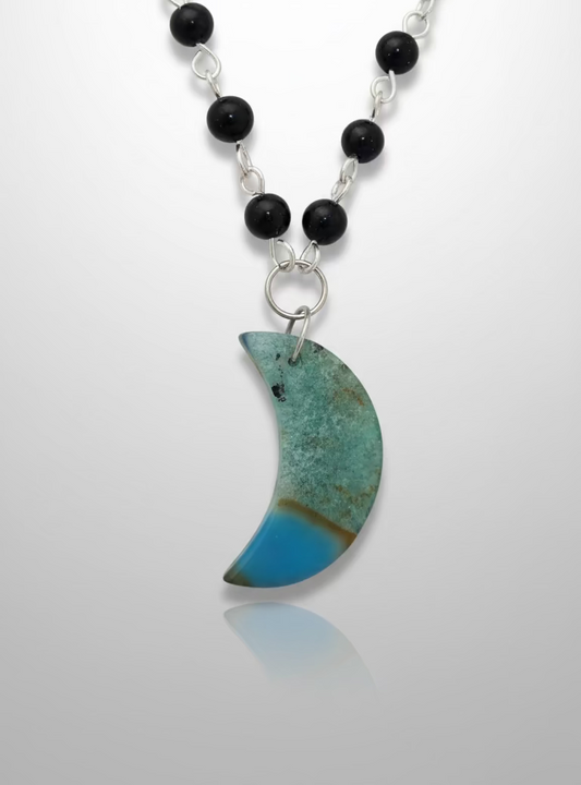 Blue Agate Crescent Moon on Blue Sandstone Link Chain Necklace